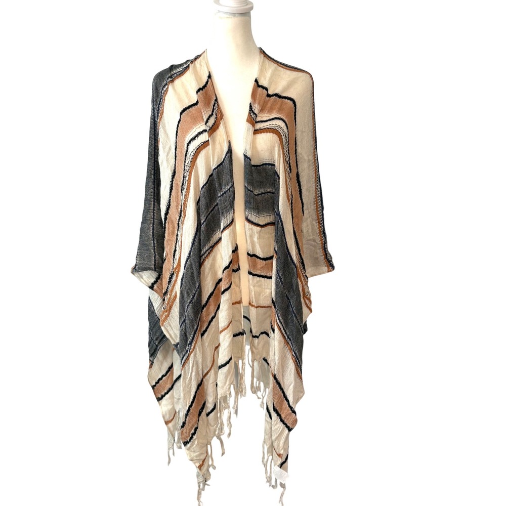 On the Road Women's Linen Blend Neutral Striped Fringed Kimono‎ Cape in OS
